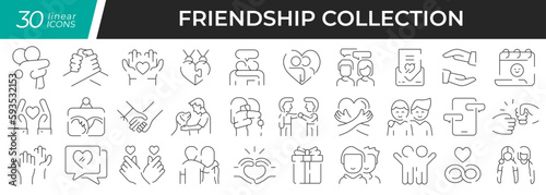 Friendship linear icons set. Collection of 30 icons in black