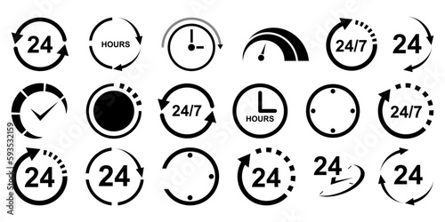 Black time arrow icon collection. 24 hours clock circle arrow icons