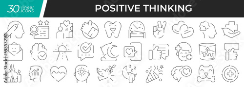 Positive thinking linear icons set. Collection of 30 icons in black