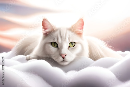 Cat lying on white clouds  romantic scene
