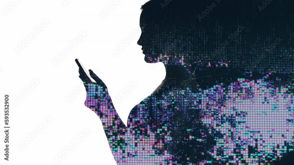 Mobile technology. AI future. Digital information. Double exposure neon glowing pixel noise in profile woman silhouette using phone on white black copy space background.