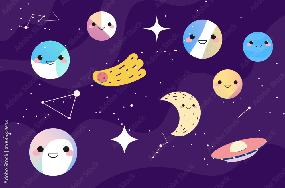 pattern with planets kawaii vector background