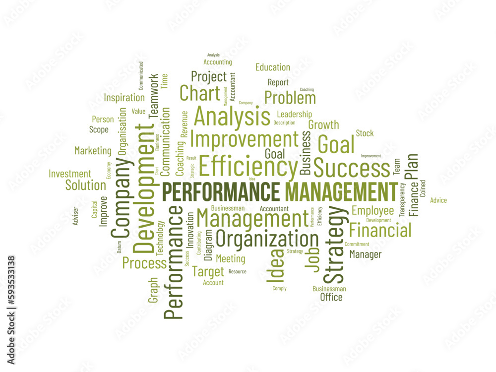 Fototapeta premium Word cloud background concept for Performance management. Employee commitment progress strategy of business coaching efficiency. vector illustration.
