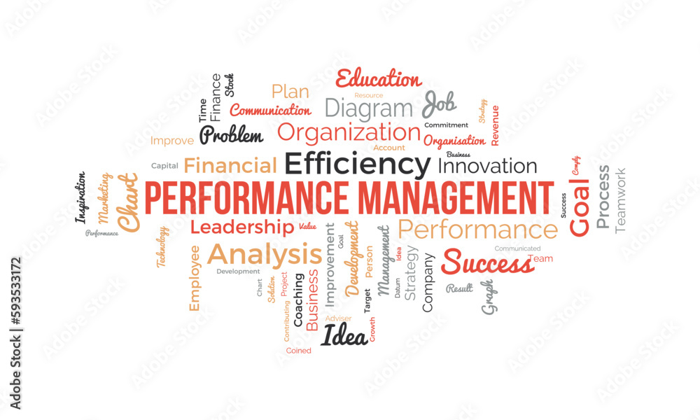 Fototapeta premium Word cloud background concept for Performance management. Employee commitment progress strategy of business coaching efficiency. vector illustration.