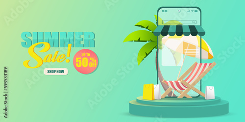  summer sale banner up to 50 percent off on mobile phone.Shopping online on smartphone.summer vacation illustrations for shopping 