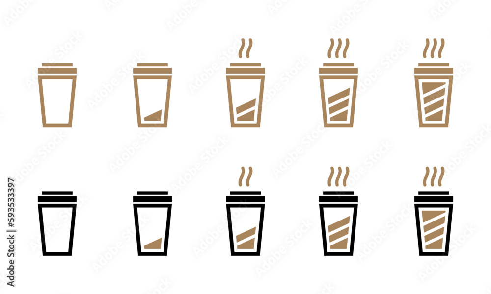 Battery level indicator in black and brown line and colored outline coffee paper takeaway cup icon from empty to fully charged vector set Battery level indicator in black and brown line and colored outline coffee paper takeaway cup icon from empty to fully charged vector set