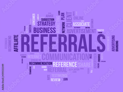 Word cloud background concept for Referrals. Business affiliate suggestion strategy for traffic network advertising. vector illustration.