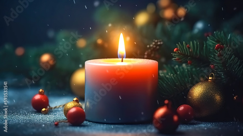 Christmas background with a burning candle and decor details  generative AI.