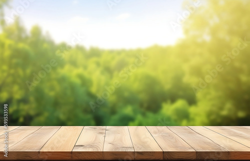 Empty wooden table top with blurred green natural abstract background. Generative AI.