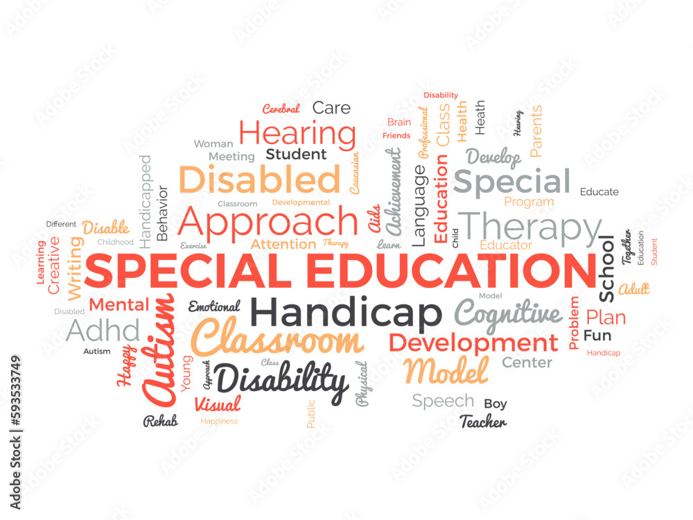 Word cloud background concept for Special Education. Disability development, special child behavior of development approach plan. vector illustration. Word cloud background concept for Special Education. Disability development, special child behavior of development approach plan. vector illustration.