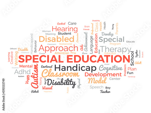 Word cloud background concept for Special Education. Disability development, special child behavior of development approach plan. vector illustration.