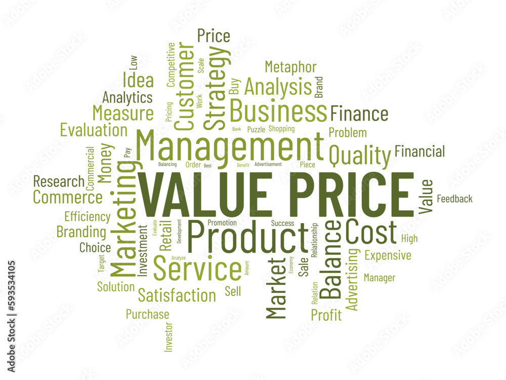 Word cloud background concept for Value price. Financial analysis metaphor with balance measure. vector illustration.