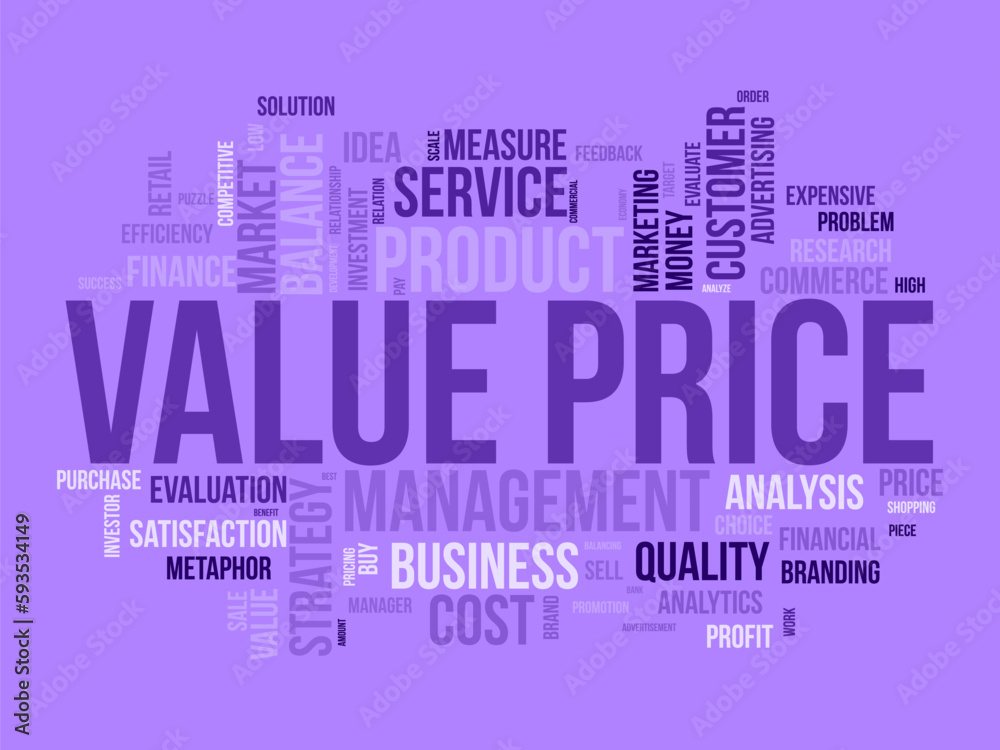 Fototapeta premium Word cloud background concept for Value price. Financial analysis metaphor with balance measure. vector illustration.
