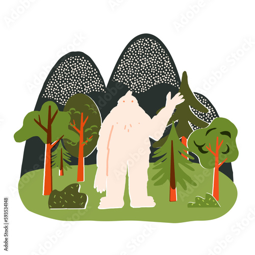 Cute nature landscape with trees and mountains, funny greeting yeti, waving hand. Friendly bigfoot monster in the woods.
