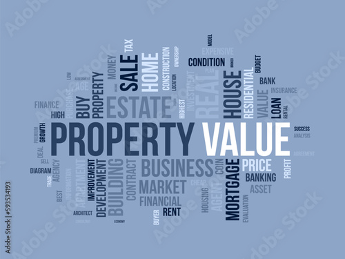 Word cloud background concept for Property value. Investment business, financial loan mortgage, housing evaluation of property business. vector illustration.