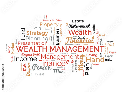 Word cloud background concept for Wealth management. Financial investment, income plan strategy of profit management. vector illustration.
