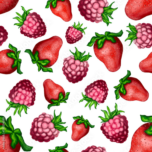 seamless pattern with strawberries and raspberry 