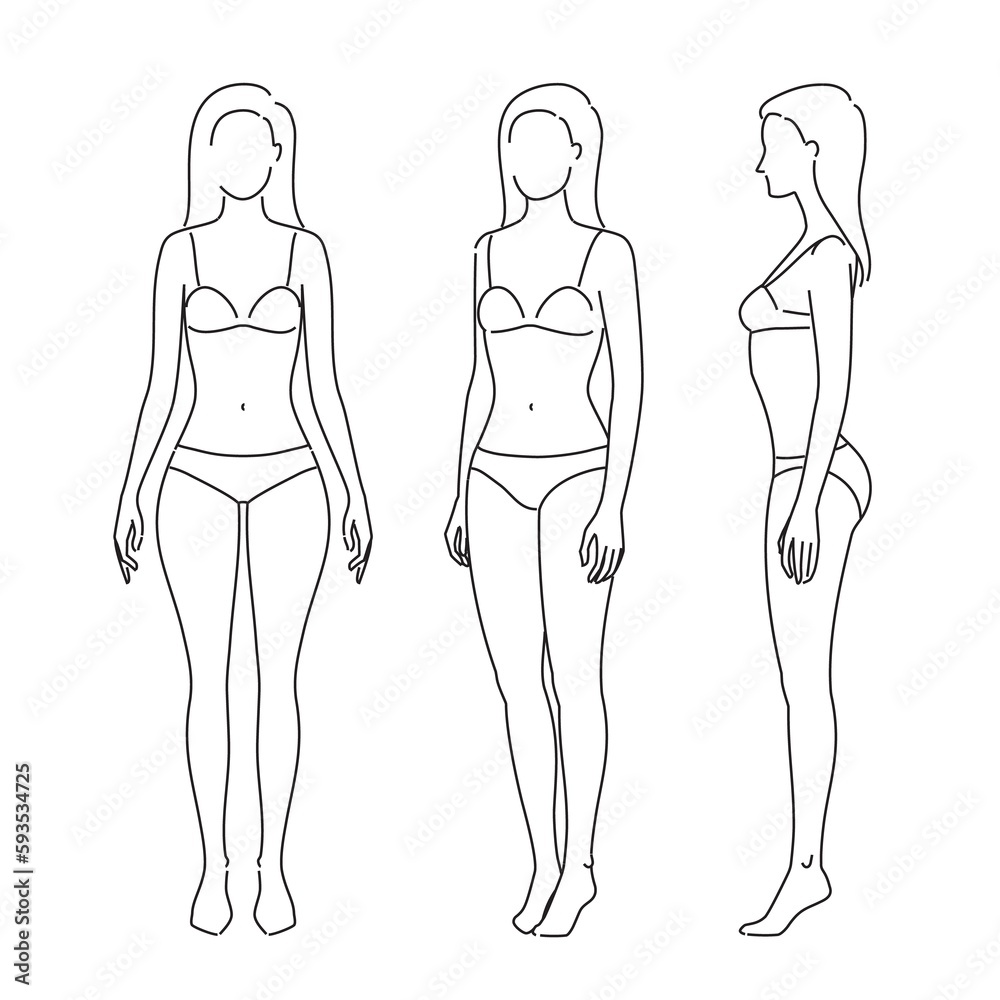 Woman body. Full-length girl standing portrait. Set of body-positive female. Different posing figures. Vector fashion silhouette outline line illustration Woman body. Full-length girl standing portrait. Set of body-positive female. Different posing figures. Vector fashion silhouette outline line illustration