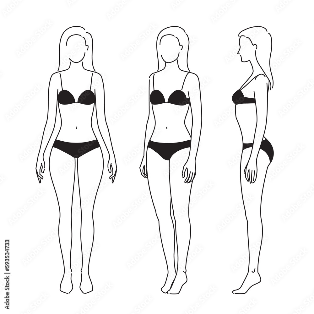 Woman body. Full-length girl standing portrait. Set of body-positive female. Different posing figures. Vector fashion silhouette outline line illustration Woman body. Full-length girl standing portrait. Set of body-positive female. Different posing figures. Vector fashion silhouette outline line illustration