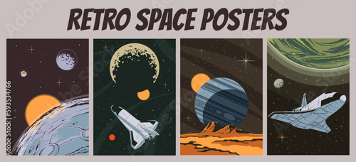 Retro Style Outer Space Posters Set. Astronomy Solar System And Rocket Vintage Illustrations