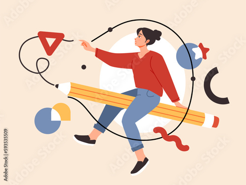 Graphic designer concept, flat illustration. Woman holding big pencil. Creative illustrator at work process.  
