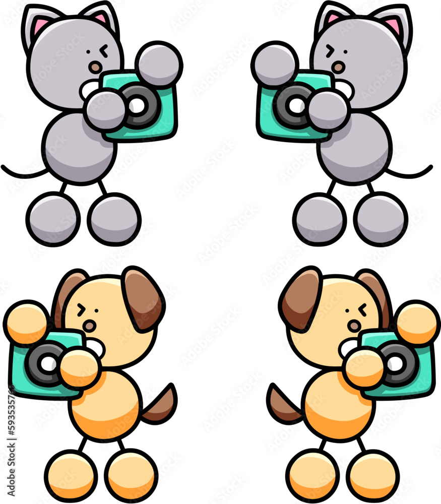 カメラで撮影するわんまるとにゃんまるのイラストセット　犬　猫