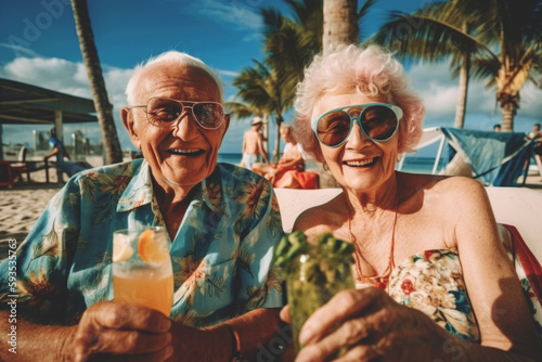 Mature couple having a fun in tropical island. Generative AI.