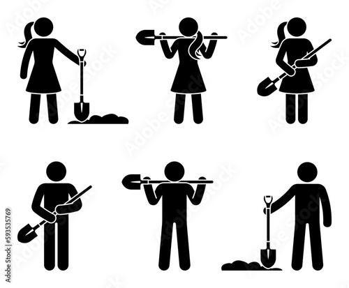 Stick figure man woman standing with shovel vector set. Stickman male female digging soil, gardening, planting icon silhouette pictogram