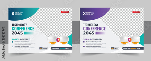 Conference event banner layout, Abstract live webinar and corporate horizontal business conference flyer template and annual conference meeting workshop banner