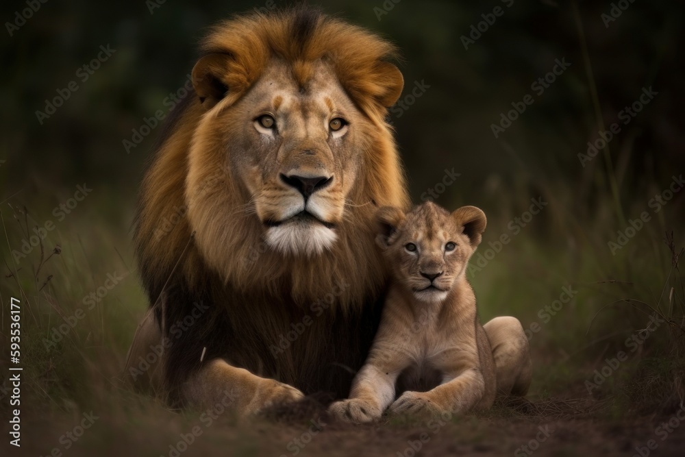 A portrait photography composition captures the majesty of a male lion with its adorable cub