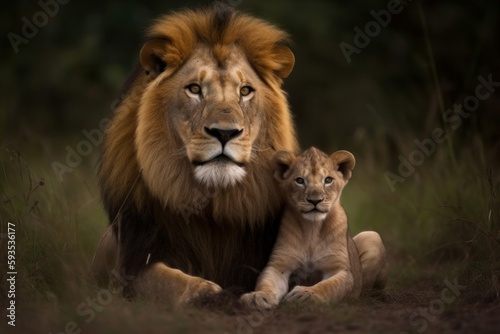 A portrait photography composition captures the majesty of a male lion with its adorable cub