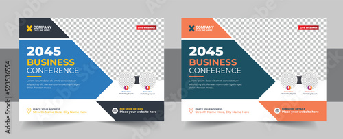 Conference flyer and invitation banner template design, Annual corporate business workshop, meeting or training promotion poster, Online digital marketing horizontal cover design vector