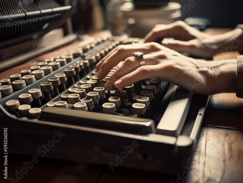 Woman hands typing on retro vintage keyboard closeup in office workplace. Generative AI