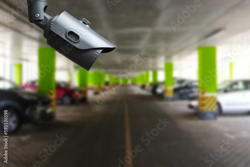 CCTV Security Camera setup on Parking lot. Copy space.