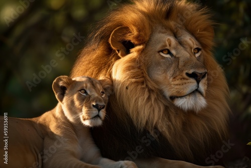 The portrait composition of a male lion with its cub highlights the essence of family