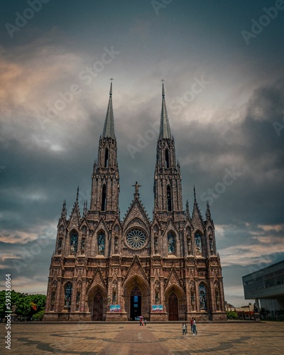 Vertical shot of the Diocesan Sanctuary of Our Lady of Guadalupe Cathedral in Zamora, Mexico.