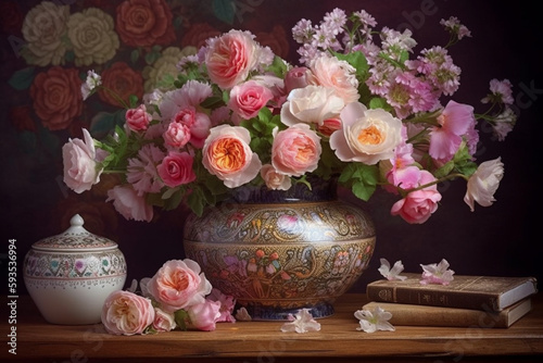 Rustic Still Life with Pink Flowers in a Vase on Wooden Table