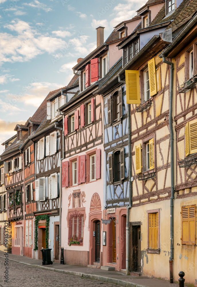 Colmar, Alsace, France - December 7, 2022: Traditional medieval houses in the old town center