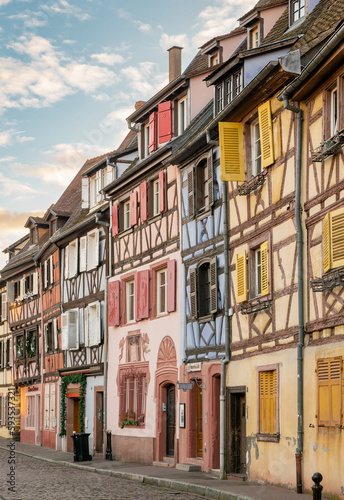 Colmar, Alsace, France - December 7, 2022: Traditional medieval houses in the old town center