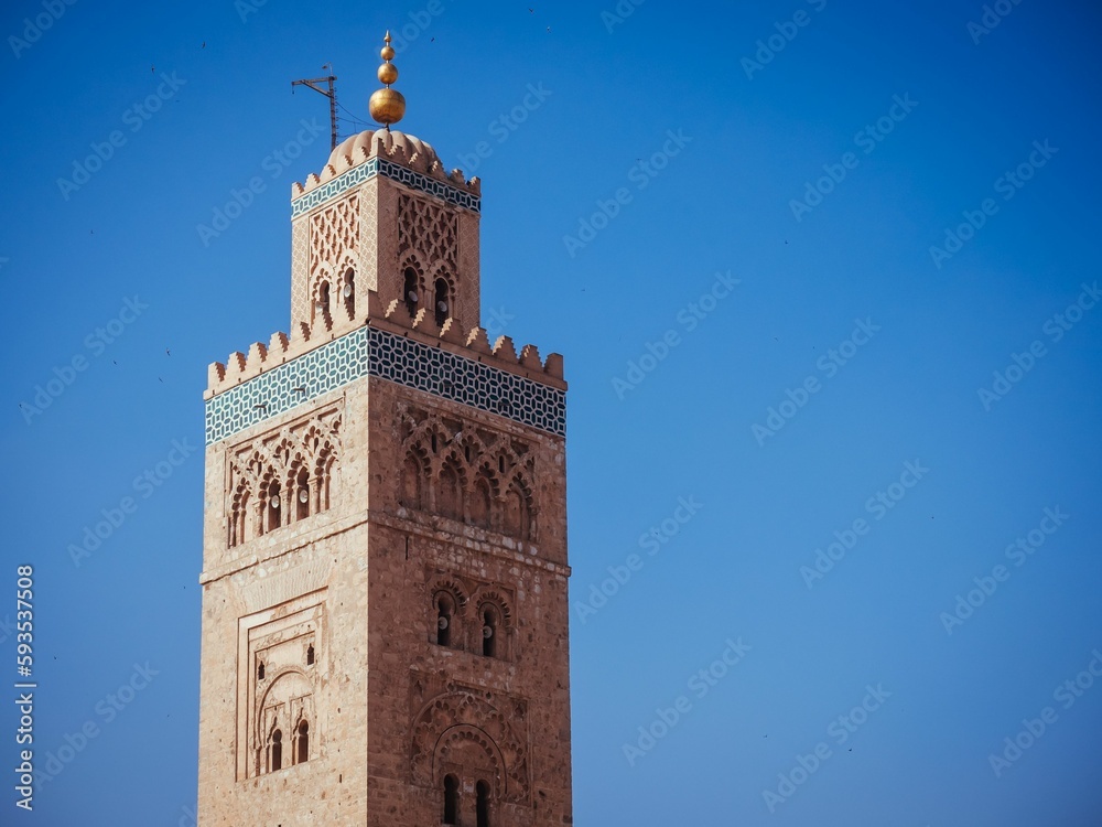 Fototapeta premium Tower with palm trees under the blue sky in Morocco.