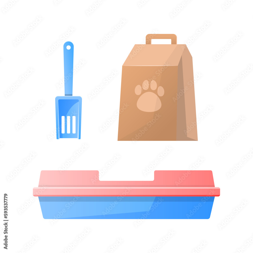 Cat hygiene accessories. Cartoon illustration of a cat tray, a scoop and litter packaging isolated on a white background. Vector 10 EPS. Cat hygiene accessories. Cartoon illustration of a cat tray, a scoop and litter packaging isolated on a white background. Vector 10 EPS.