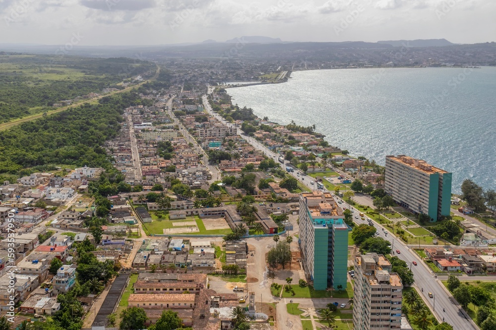 Fototapeta premium Aerial shot of the buildings and the sea, Matanzas, Cuba