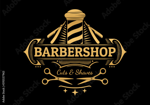 Barbershop logo. Vintage barber shop sign. Man haircut salon retro design. Old hairdresser badge with barber pole, scissors, razor blade. Vector illustration.