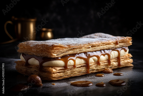 Fetta di torta Mille Foglie, tipico francese, close-up, alla crema e caramello, alta risoluzione. 