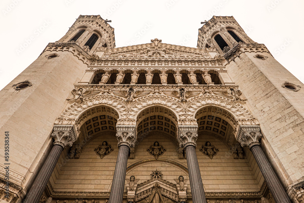 Lyon, Auvergne-Rhône-Alpes, France - December 9, 2022: Facade of the Basilica of Notre-Dame de Fourviere