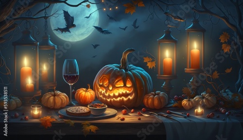 Illustration of a moonlit table, candles, and pumpkin lanterns for Halloween,birds. Halloween flag.Generative AI