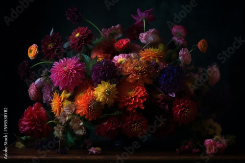 Vibrant Bouquet  A Painting of Colorful Flowers Against a Dark Background