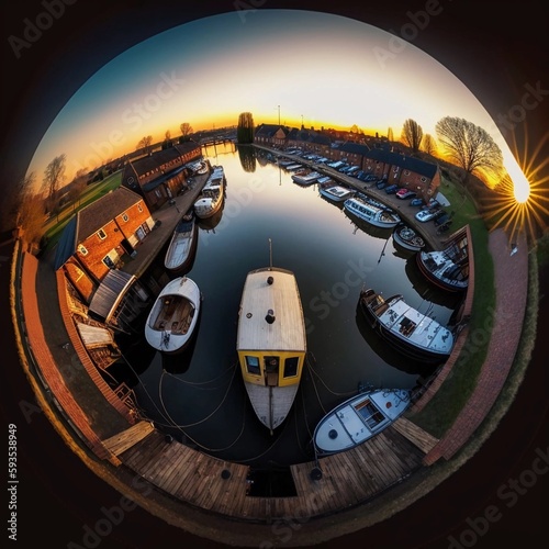 Birdseye view of a Narrow boat marina, sunset, ultra realistic, wide angle lens photo