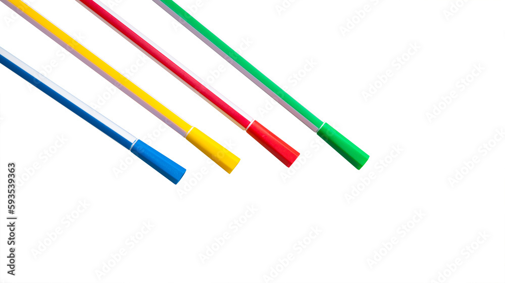PNG image, four colorful blue, red, yellow and green ink pens isolated png PNG image, four colorful blue, red, yellow and green ink pens isolated png