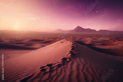 Undulating Sand Dunes form a Beautiful Desert Landscape. Dusk Background with Pink Lavender Gradient Starry Sky. Generative AI
